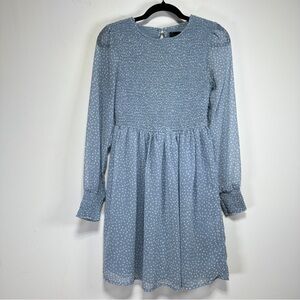 Japna Blue Polka Dot Smocked Mini Dress Long Sleeve Chiffon Size XS